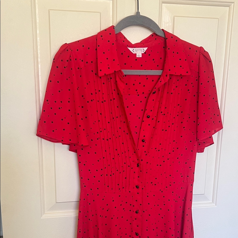 Nanette Lepore Red Button Up Midi Dress with Black Polka Dots - Picture 4 of 10